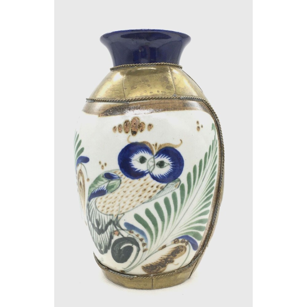 Mexican Tonala 7' Ceramic Brass Owls Vase Sculpture Hand Painted Signed Vtg